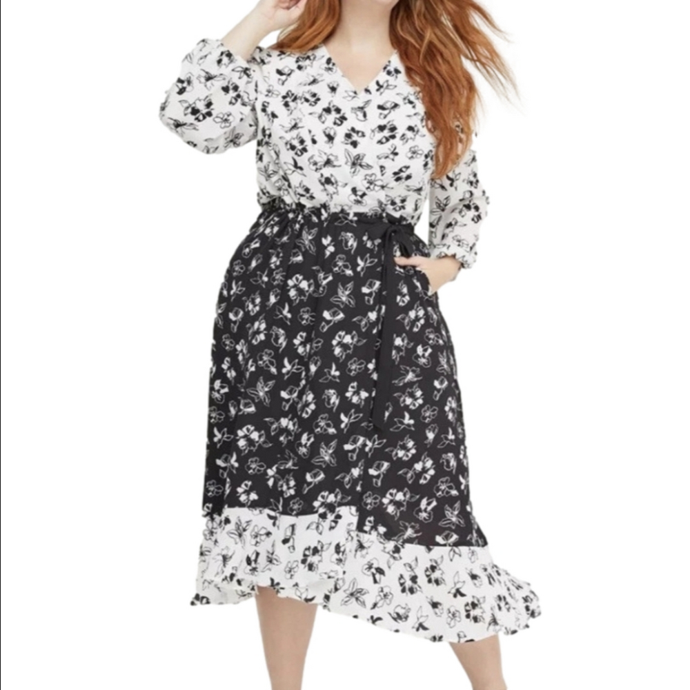 Beauticurve X Lane Bryant Black & White Mixed Floral Ruffle Midi Wrap Dress